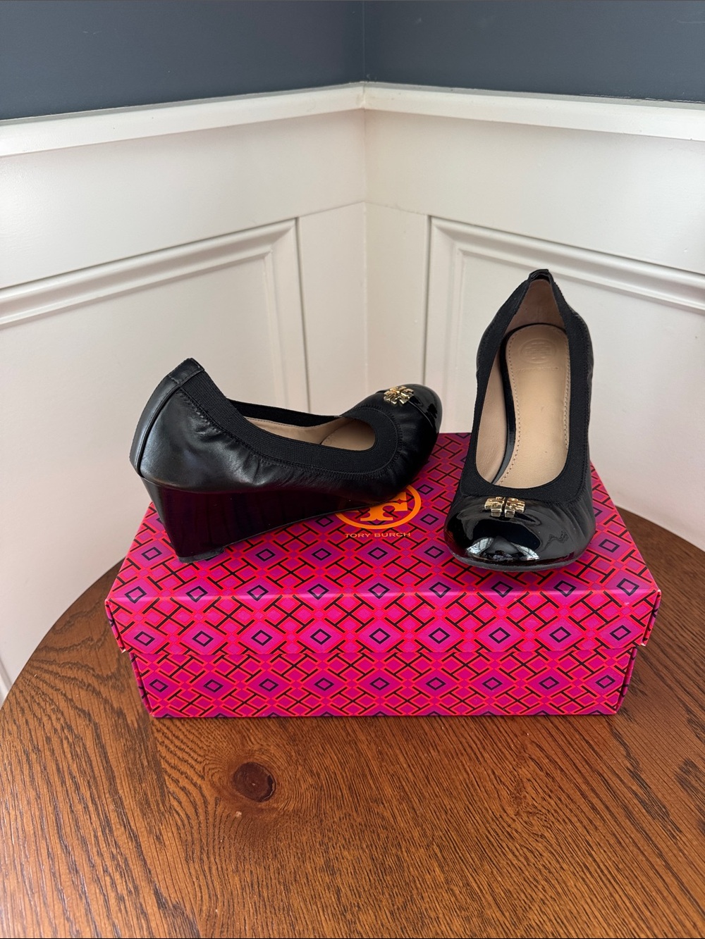 Tory Burch Black Patent & Leather Wedge Ballet Flats with Gold Logo